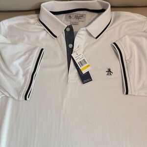 Original Penguin White Polo with Navy Trim and Embroidered Penguin